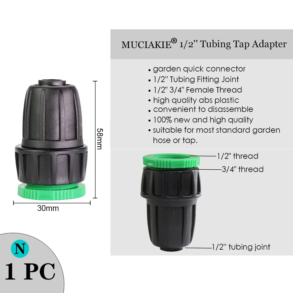 MUCIAKIE Variety Style Garden Tap 1/2" 3/4" Male Female Thread Nipple Joint 1/4" Hose Quick Connector Irrigation Water Splitters