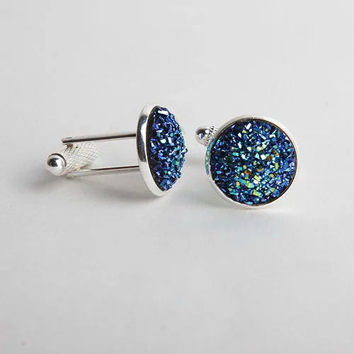 Simple Luxury Colorful Drusy Stone Cufflinks for Men Women Round Rhinestone Cuff Links Novelty Shirt Sleeve Buttons Accessories