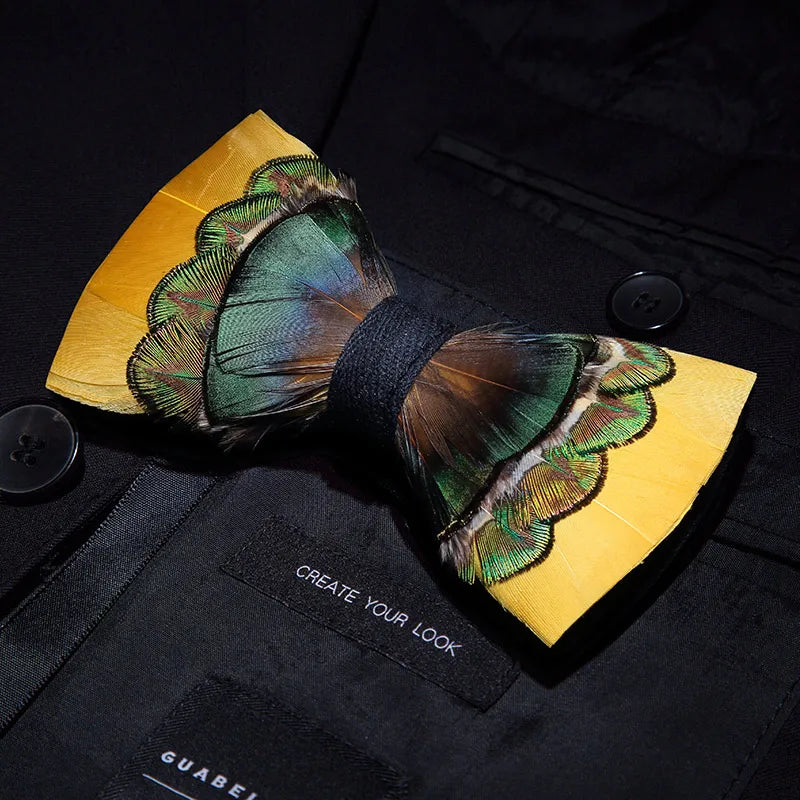 KAMBERFT Designer Brand Handmade Feather and Leather Pre-Tied Bow Tie and Brooch Sets for Men Wedding Party Best Cravate