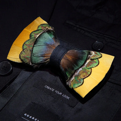 KAMBERFT Designer Brand Handmade Feather and Leather Pre-Tied Bow Tie and Brooch Sets for Men Wedding Party Best Cravate
