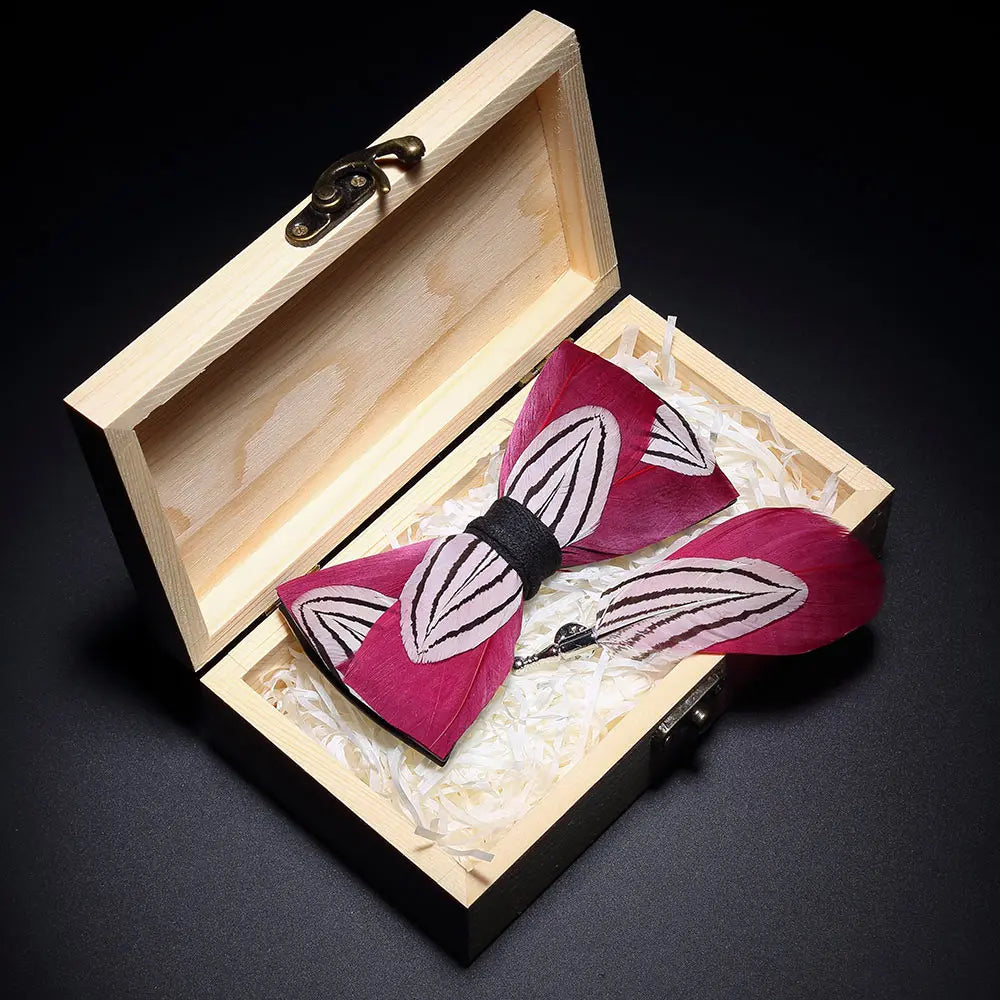 KAMBERFT Design Handmade Feather Bow Tie Brooch Wooden Box Set High Quality Men's Bowtie Leather Tie for Wedding Party Banquet