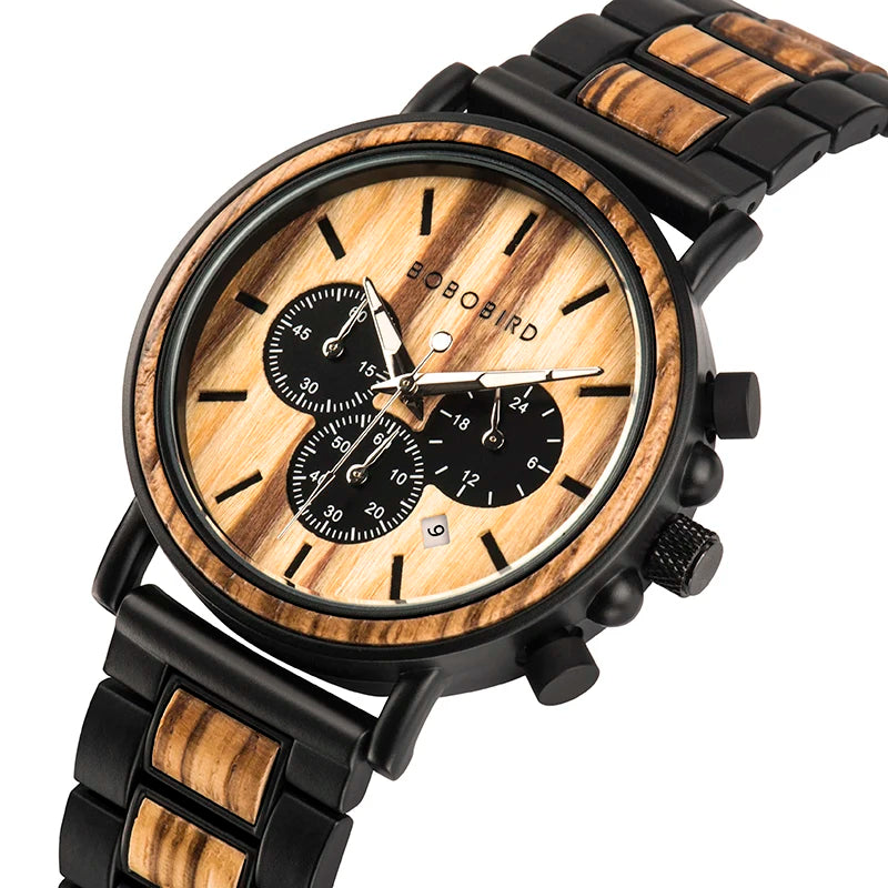 BOBO BIRD Wooden Men Watches Relogio Masculino Top Brand Luxury Stylish Chronograph Military Watch Great for Man OEM