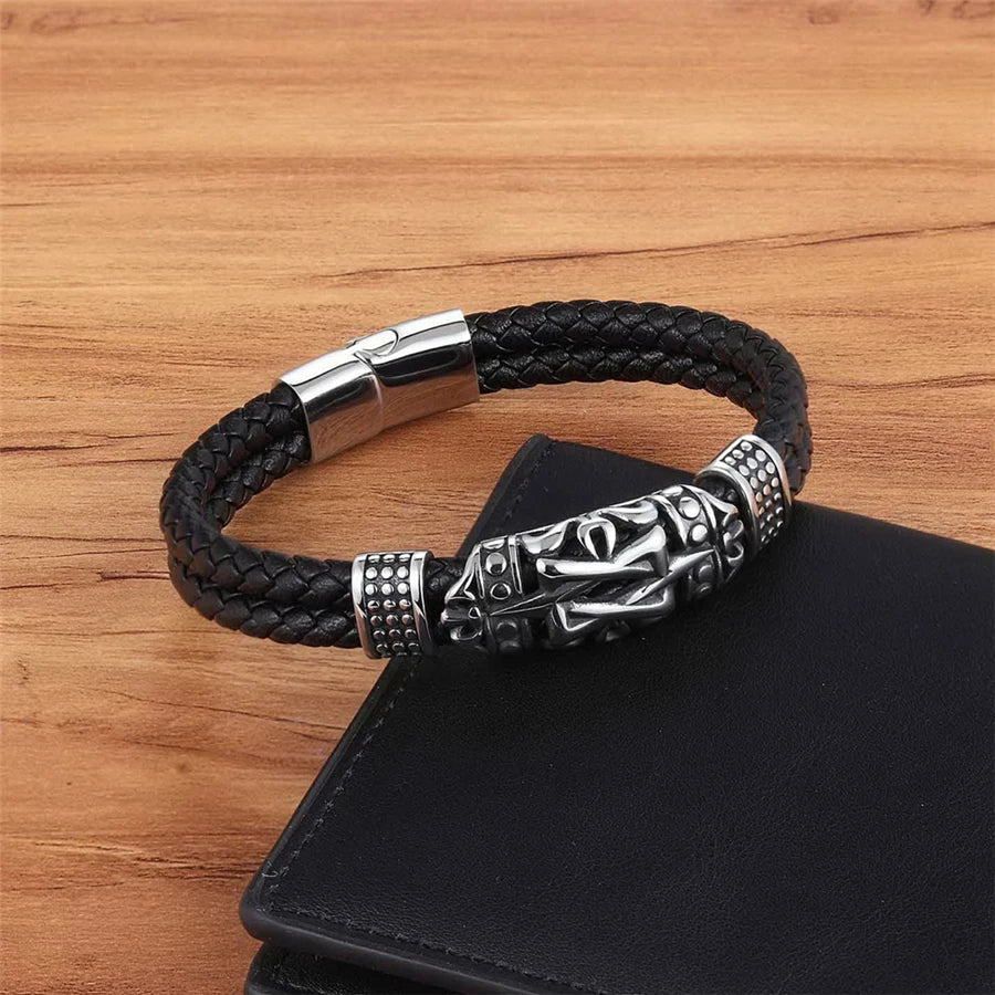 XQNI Punk Style Ancient Architecture Totem Elegant Small Adorn Article Leather Bracelet Double Layer Hand Jewelry