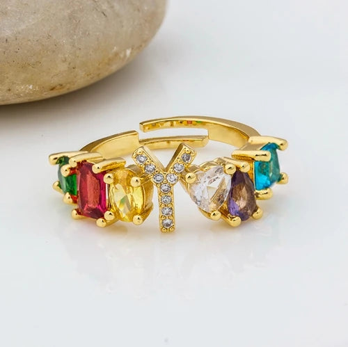 Adjustable A-Z Initial Ring Bohemian Copper Zircon  Rainbow Letter Rings for Women Girls Party Wedding Jewelry