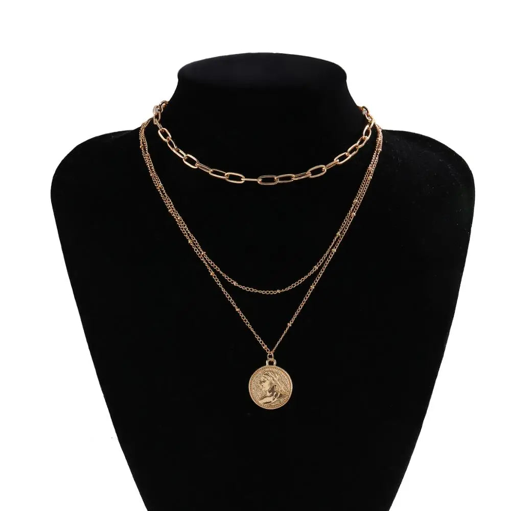 IngeSight.Z Punk Multi Layered Imitation Pearl Choker Necklace Collar Virgin Mary Coin Crystal Pendant Neck Women Jewelry