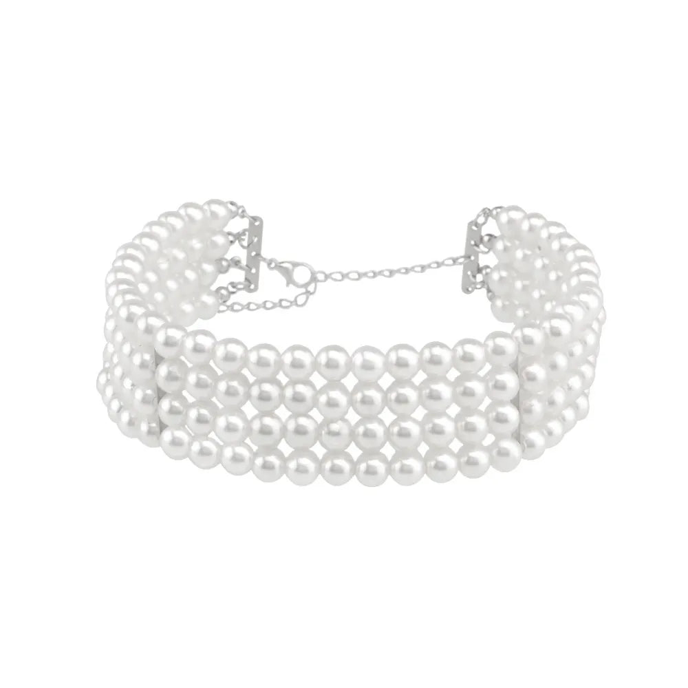 Ingemark Fashion Multilayer White Imitation-Pearl Choker With Metal Slice Fixation Wide Bib Necklace Jewelry for Charm Women