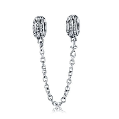 BISAER 925 Sterling Silver Safety Chain Collection Heart Star Charms  Silicone Bead Fit Women Bracelet Fine Jewelry Accessories