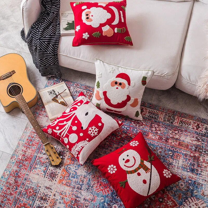 2023 Christmas Pillowcases Embroidered Cushion Cover Cotton Canvas Pillow Case C