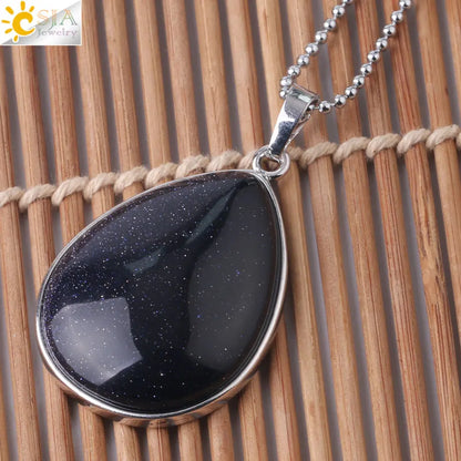 CSJA Natural Stone Pendants  Tiger Eye Pink Quartz Purple Crystal Lapis Necklace Water Drop Flat Bead Women Healing Jewelry F982