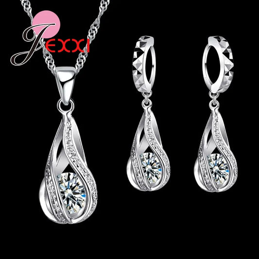 New Water Drop CZ Jewelry Sets 925 Sterling Silver Needle Necklace&Earrings Wedding Jewelry for Women Wedding Party Sets