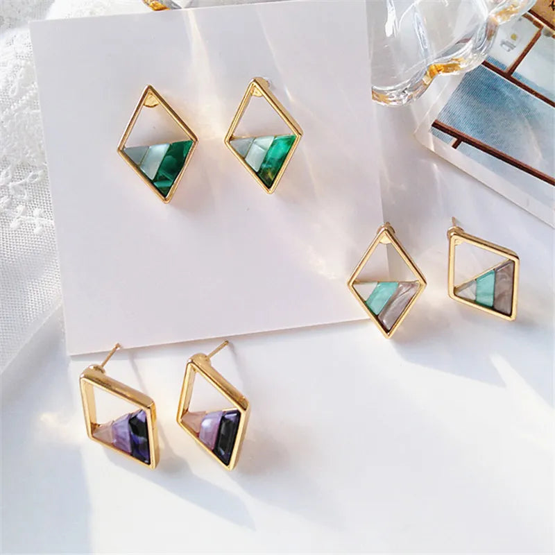 Contracted Lozenge Color Contrast Color Earrings Female Fashion Lady Geometric Hollow Out the Triangle Stud Earrings Earrings