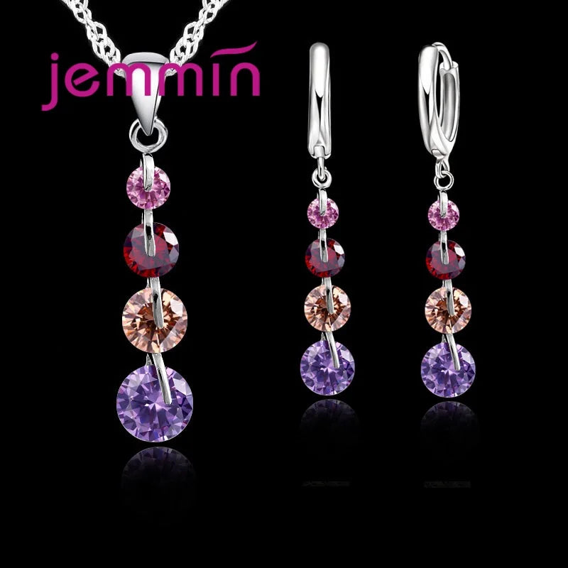 Romantic 925 Sterling Silver  Link Chain Crystal Pendant Necklace Jewelry Set for Women Earrings Wedding Jewelry Sets