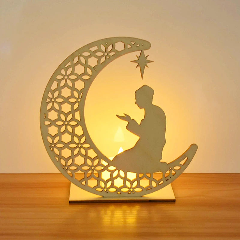 EID Mubarak Wooden Pendant With LED Candles Light Ramadan Decorations for Home Islamic Muslim Party Eid Decor Kareem Ramadan