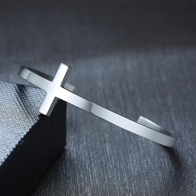 Silverly Cross Cuff Bracelet Stainless Steel Sideways Cross Bracelet Open Cuff Bangle for Men Unisex Jewelry