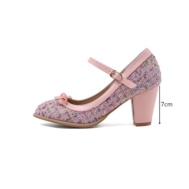 YMECHIC Spring Fashion 2022 Women Heels Glitter Bling Bowtie Lolita Mary Jane High Heel Shoes Pink Black Cute Womens Shoes Pumps