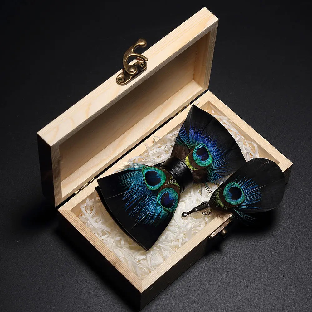 KAMBERFT Design Handmade Feather Bow Tie Brooch Wooden Box Set High Quality Men's Bowtie Leather Tie for Wedding Party Banquet