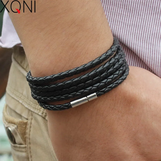 XQNI Brand Black Retro Wrap Long Leather Bracelet Men Bangles Fashion Sproty Chain Link Male Charm Bracelet With 5 Laps