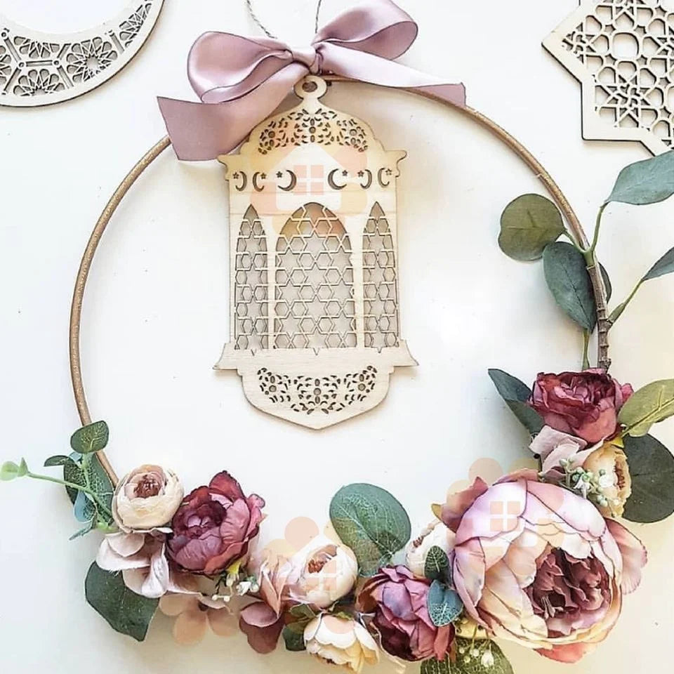 Eid Ramadan Wooden Hanging Ornaments for Ramadan Kareem DIY Wreath Supplies Islam Party Metal Ring Wreath Party Decorations