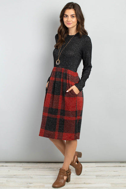 Two Toned High Neck Long Sleeves Plaid Contrast Dress