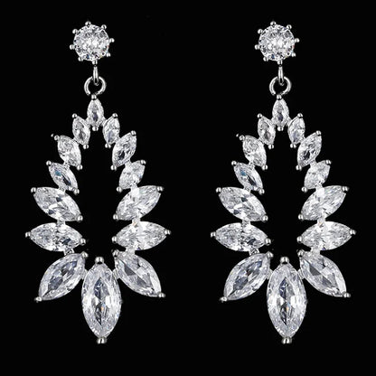 LXOEN Marquise Cut Flower Zirconia Crystal Long Drop Earrings for Women Shiny Leaf CZ Stone Bridal Wedding Jewelry