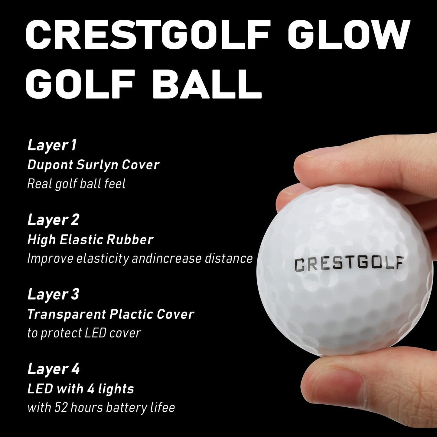 CRESTGOLF 4 Pcs/Pack Led Golf Balls With 4 Lights for Night Training High Hardness Material for Golf Practice Balls
