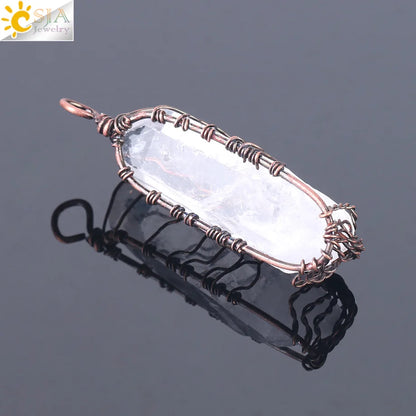 CSJA Natural Crystal Pillar Big Pendants Antique Copper Wire Wrapped Tree of Life Quartz Pendant for Necklace PPC Chain F554