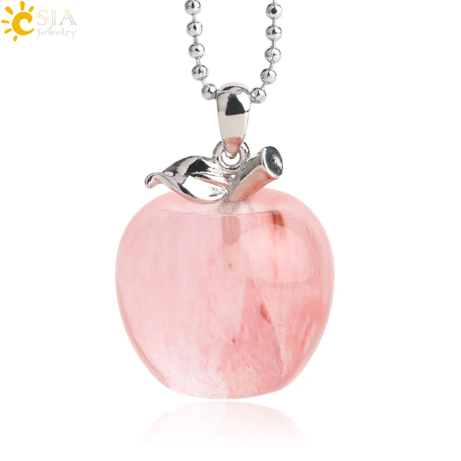 CSJA Apple Natural Stone Pendant Crystal Amethysts Pendants Rose Pink Quartz Necklaces Jewelry for Female Women Chrismtas G046