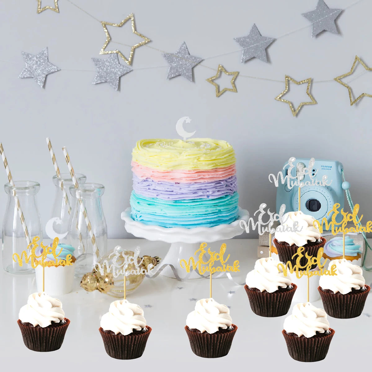 EID Mubarak Banner Balloons Cake Topper Ramadan Decoration Ramadan Kareem Mubarak Muslim Islamic Festival Party DIY Decorations