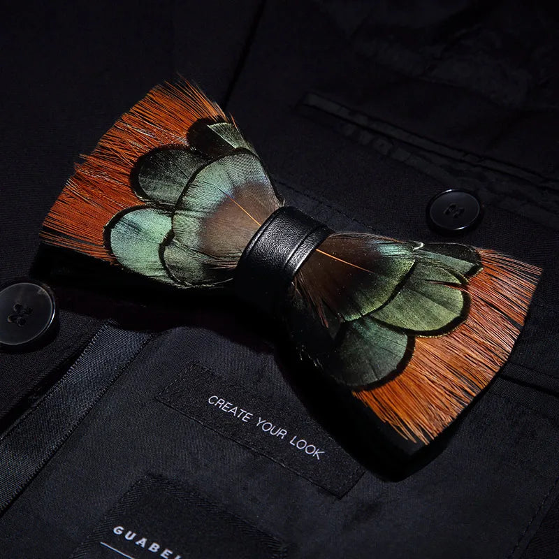 KAMBERFT Designer Brand Handmade Feather and Leather Pre-Tied Bow Tie and Brooch Sets for Men Wedding Party Best Cravate