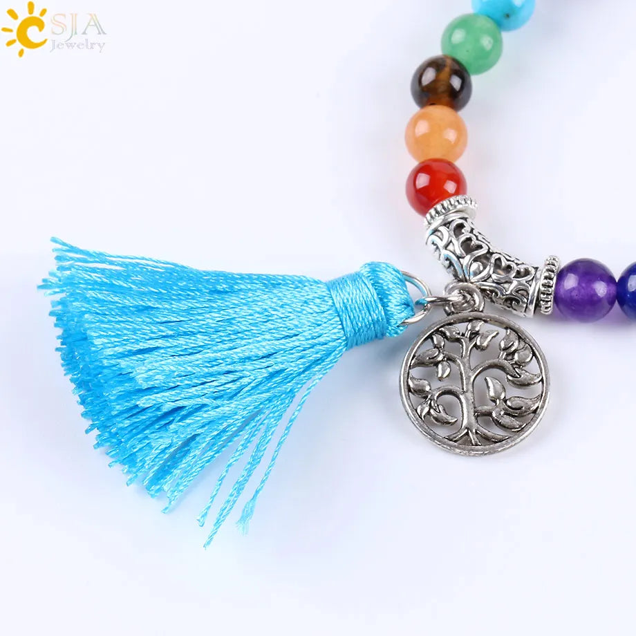 CSJA Women Maxi Long Necklace Natural Mala Gem Stone Bead Tassel 7 Chakra Tiger Eye Pink Quartz Howlite Reiki Boho Necklace E590