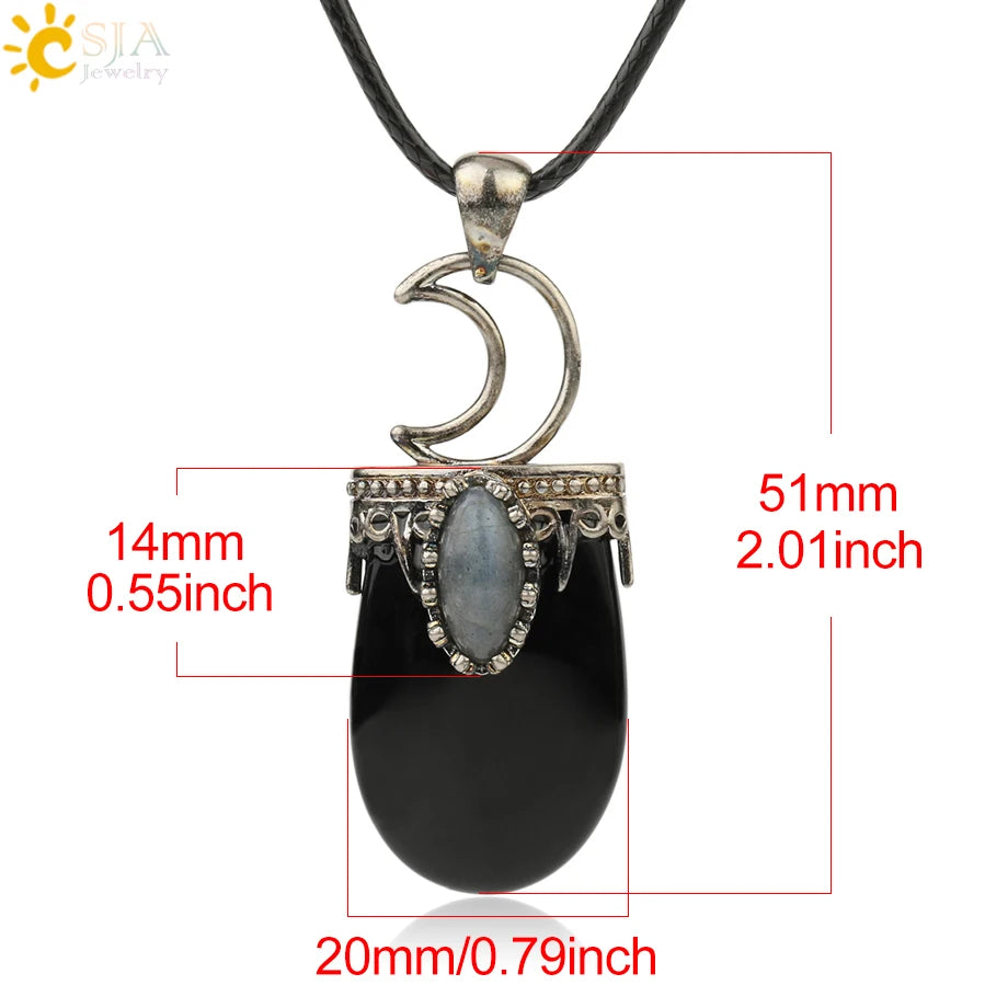 CSJA Natural Stone Crystal Pendants Necklace Antique Silver Color Purple Pink Quartz Necklace Jewelry Crown Moon Charm G274