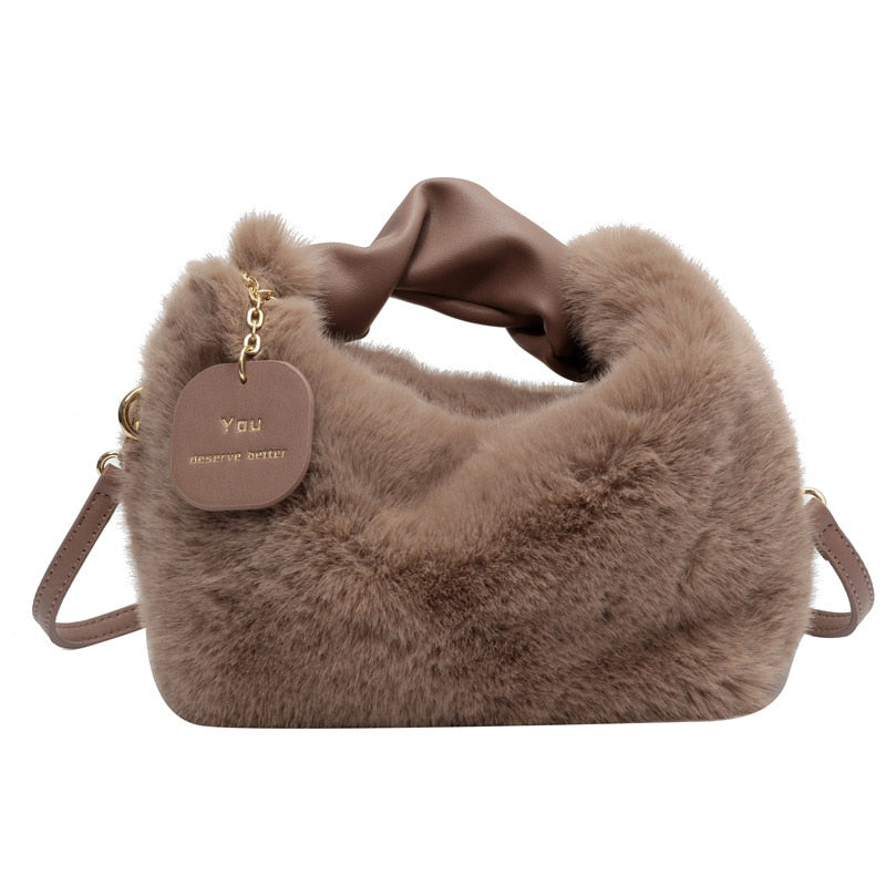 Women Faux Fur Handbags Zipper Small Lady Shoulder Crossbody Bag Casual Tote Half-Moon Hobos Winder