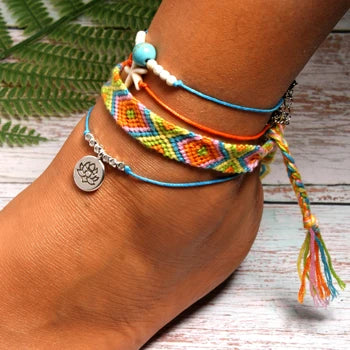 MOON GIRL Handmade Weave Bobo Lotus Anklet Set Fashion Starfish 4 Pieces Bohemian Chic Summer Bracelet Ankle for Women
