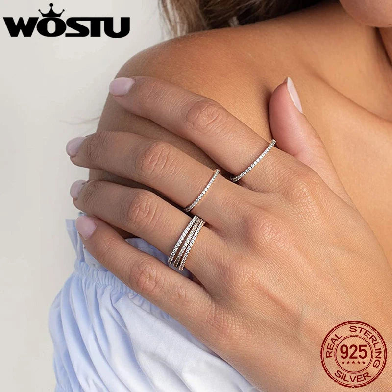 WOSTU Simple Rings 100% 925 Sterling Silver Shimmering Wish Stackable Ring for Women Wedding
