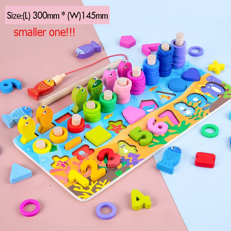 Kids Montessori Math Toys for Toddlers Educational Wooden Puzzle Fishing Toys Count Number Shape Matching Sorter Games Board Toy