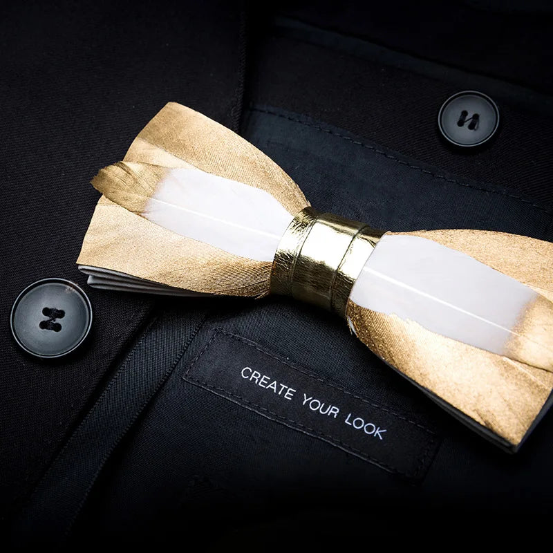 KAMBERFT Designer Brand Handmade Feather and Leather Pre-Tied Bow Tie and Brooch Sets for Men Wedding Party Best Cravate
