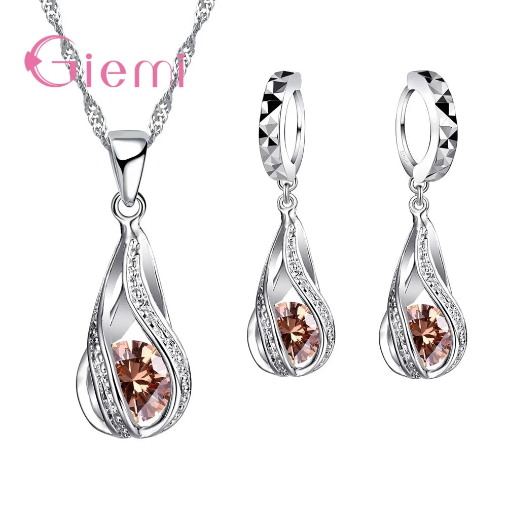 100% 925 Sterling Silver New Water Drop Cubic Zircon Pendant Necklace&Earrings for Women Ladies Jewelry Sets Wedding