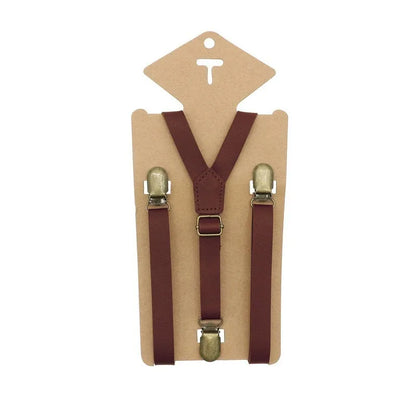 3 Clips Y Back Kid Brown Tan Leather Suspender and Bow Tie Ring Bearer Bowtie Set Birthday Outfit 80*1.5cm Adjustable