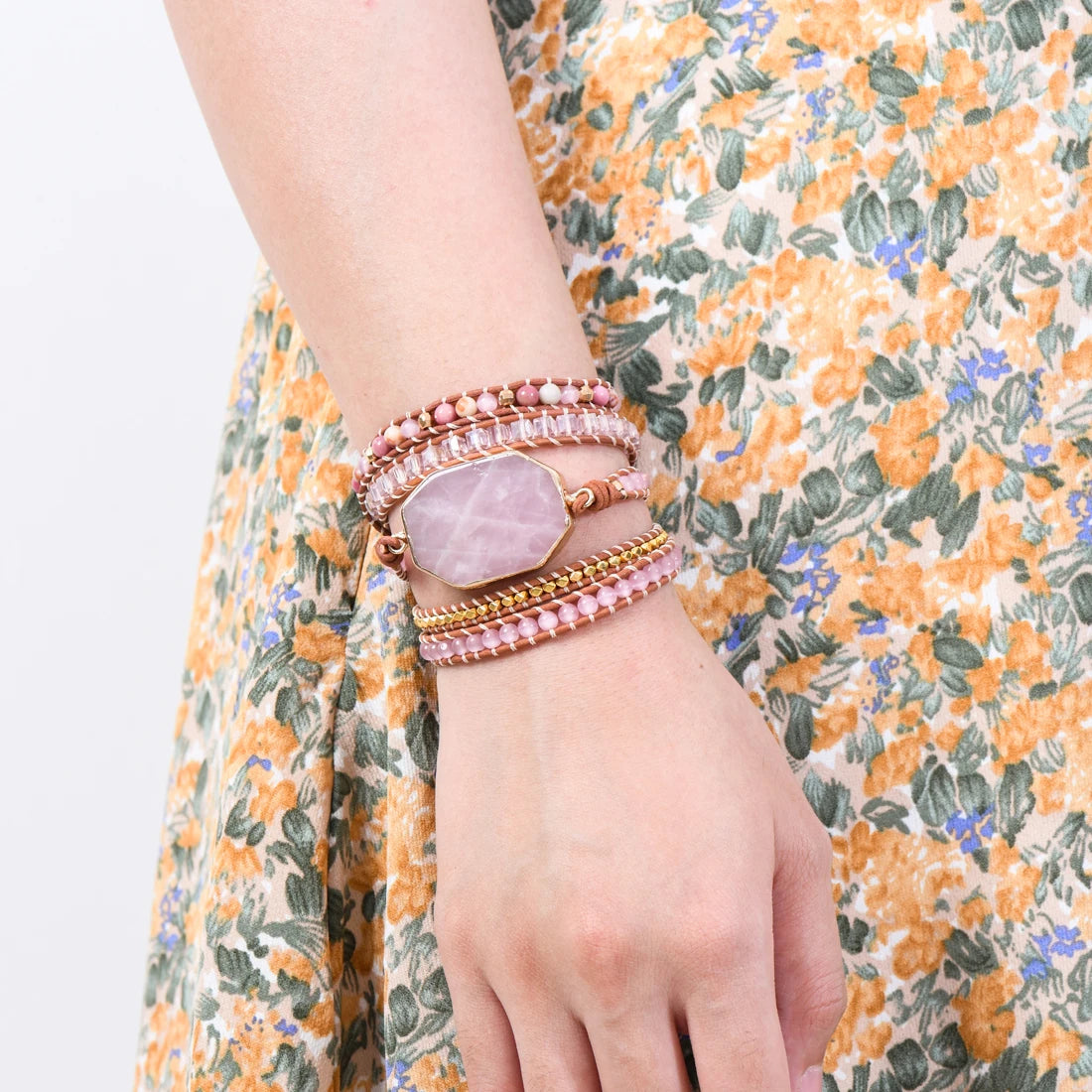 Natural Stone Bracelet 5 Wraps Bracelet Handmade Boho Pink Bracelet for Women Bracelet