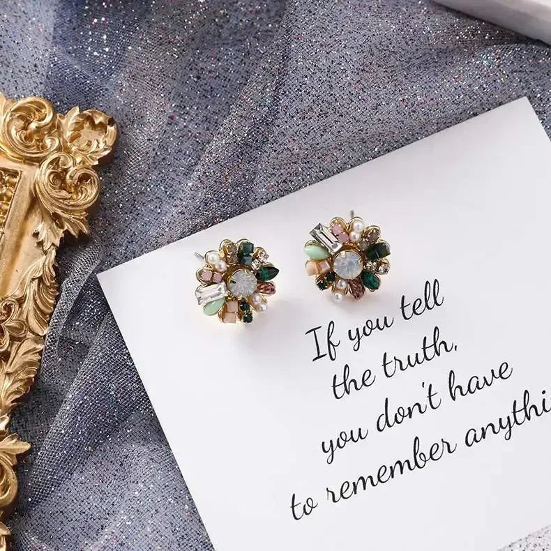 Korean Jewelry Fresh Cute Hook Drop Oil Flower Stud Earrings Crystal Earring for Women