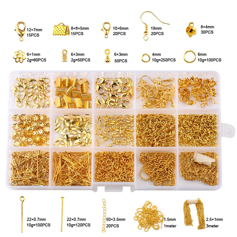 Jewelry Findings Tool Set Open Jump Ring/Lobster Clasp/Tail Chain/Clip Buckle/Drop Kit/Earring Hooks/ for DIY Jewelry Making