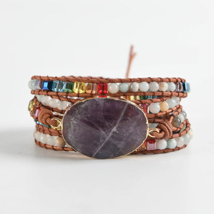 Newest Unique Chakra Natural Stones Charm 5 Strands Wrap Bracelets Handmade Boho Bracelet Women Leather Bracelet