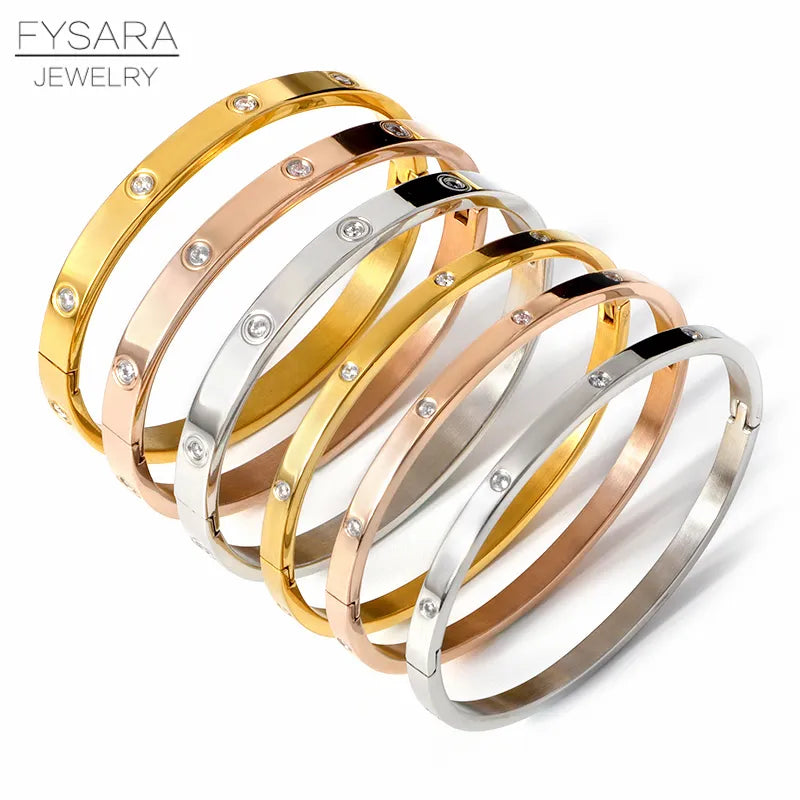FYSARA Luxury Brand Crystals Love Bangles Cubic Zirconia Bracelets Couple Luxuxy Jewelry Stainless Steel Bangles for Women