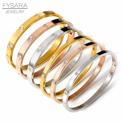 FYSARA Luxury Brand Crystals Love Bangles Cubic Zirconia Bracelets Couple Luxuxy Jewelry Stainless Steel Bangles for Women