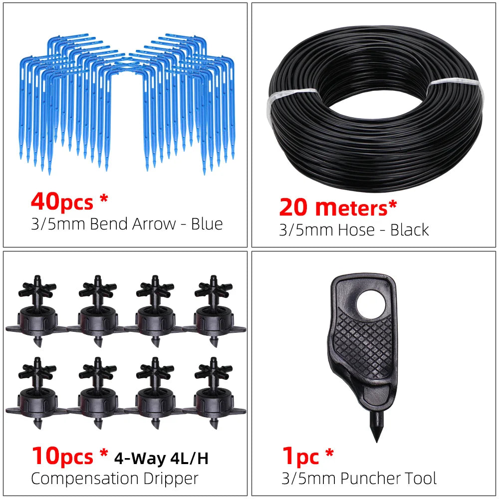 MUCIAKIE Garden Drip Irrigation Kit Micro Watering Elbow Drippers System for Greenhouse Pot Plants 1/8'' 3/5mm Hose Set 2/4 Ways