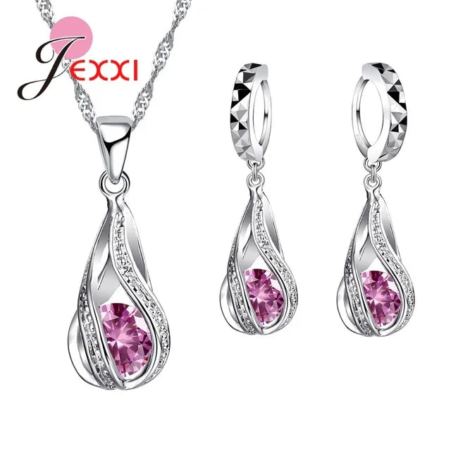 8 Colors Best for Women Girls Friends 925 Sterling Silver Jewelry Set CZ Cubic Zircon Water Drop Necklace Dangle Earrings
