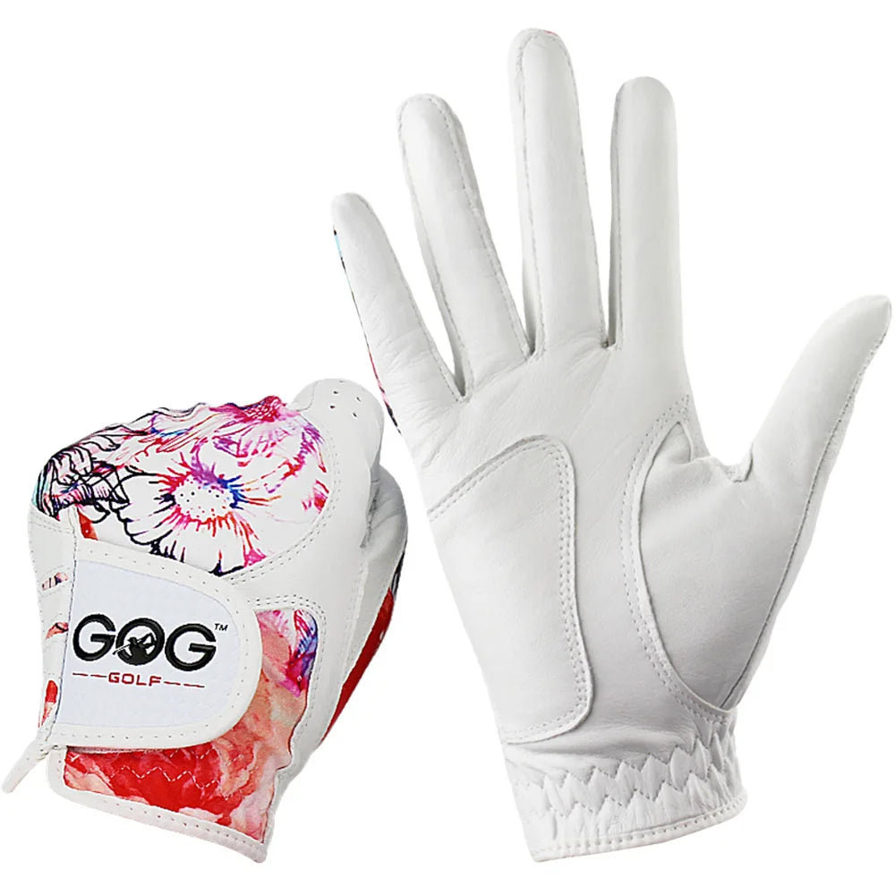 GOG Golf Glove Women, Sheepskin Leather Printed Pattern Color , Soft Fit Good Grip ,Ladies Left Right Both Hand (1 Pair) Gloves