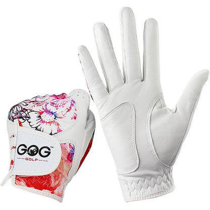 GOG Golf Glove Women, Sheepskin Leather Printed Pattern Color , Soft Fit Good Grip ,Ladies Left Right Both Hand (1 Pair) Gloves