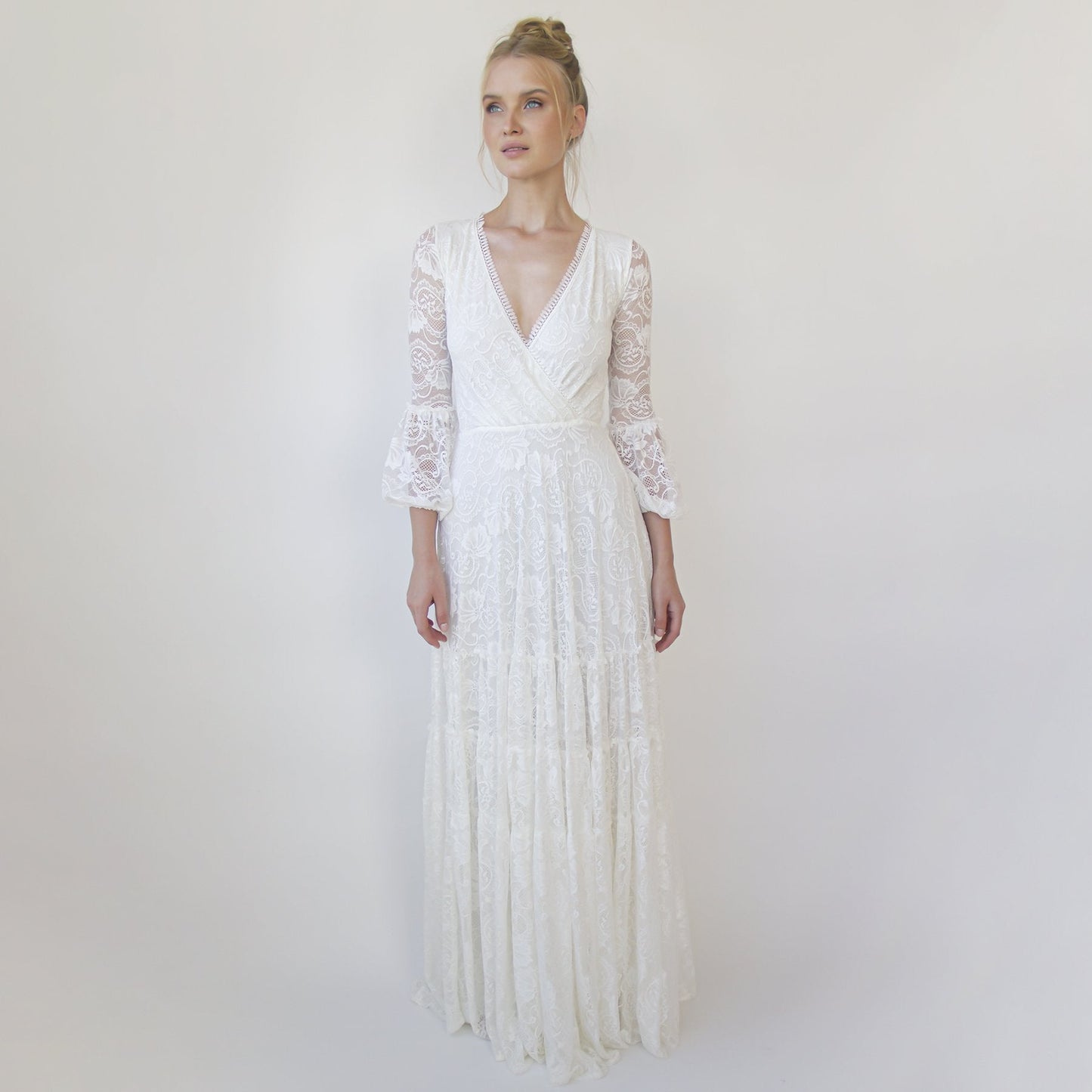 Bestseller Gipsy Layered Boho Lace Wedding Dress, Puffy Bracelet Sleeves #1365