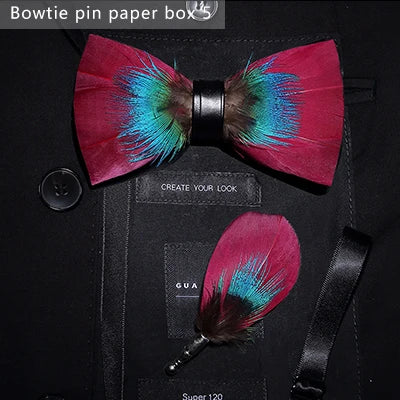 JEMYGINS Bowtie Natural Brid Feather Exquisite Hand Made Men Bow Tie Brooch Pin